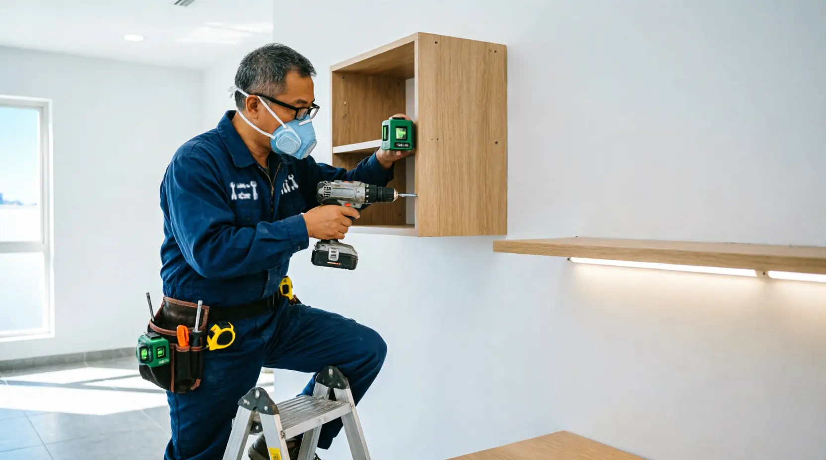 Мастер навешивает верхний кухонный шкаф с помощью лазерного уровня и шуруповёрта